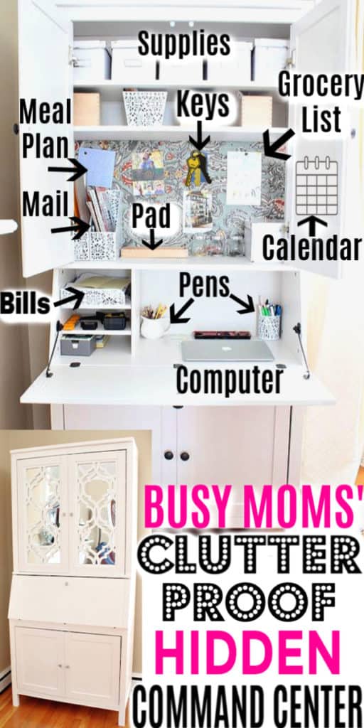 Cheap and Easy DIY Clutter Proof Hidden Family Command Center ideas for Busy Moms in small spaces.