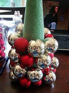 Easy DIY Christmas Ornament Tree Alternative. Perfect for the mantle, table, or as a tree alternative. Easy and elegant Budget decor idea for the home. All items are at the dollar store.