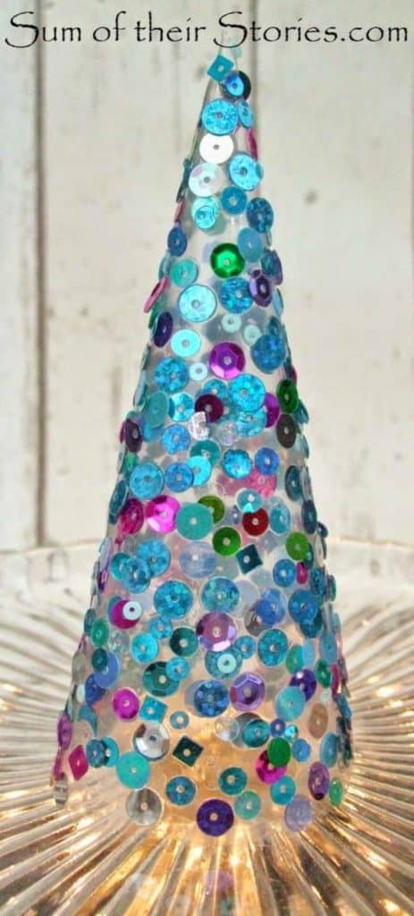 Easy DIY Christmas Sequin Cone Tree. Perfect for the mantle, or table, or even bathroom. Easy, elegant Christmas Decor idea for the home on a budget.