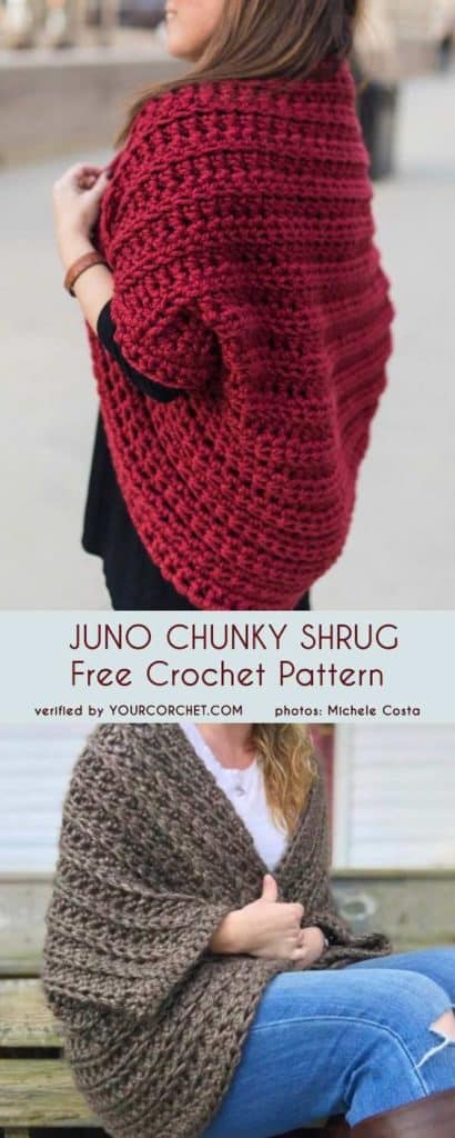 DIY Crochet Juno Chunky Shrug Sweater with free tutorial and pattern. Trendy outfit for Spring or Summer and even Fall. Also a great gift idea. The best free crotchet patterns and tutorials.