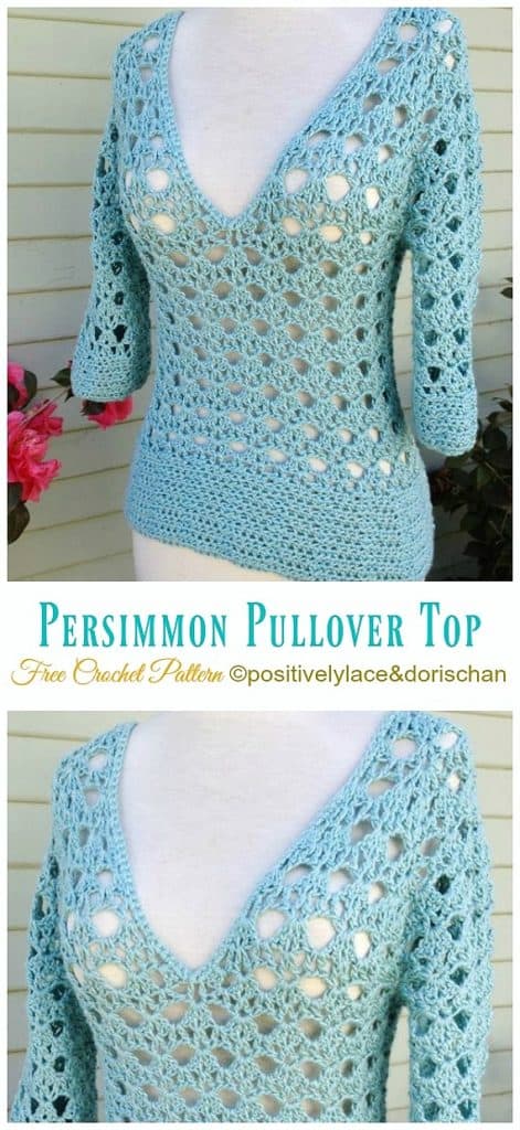 DIY Crochet Persimmon Pullover sweater with free tutorial and pattern. Fashionable, trendy outfit for Spring or Summer. Also a great gift idea. The best free crotchet patterns and tutorials.