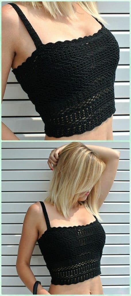 DIY Crochet Crop Top in Black, includes free pattern. The hottest Trend for Spring and Summer 2019. Cute outfit ideas. Also a great gift idea. The best free crotchet patterns and tutorials.