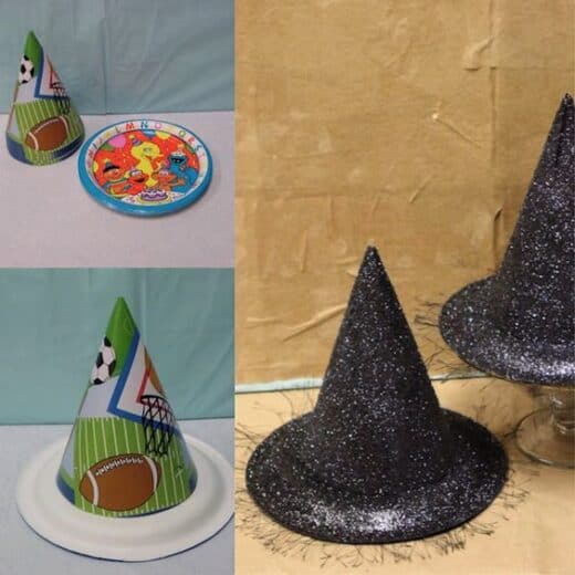 Glitter witches hat made with paper hats and plates