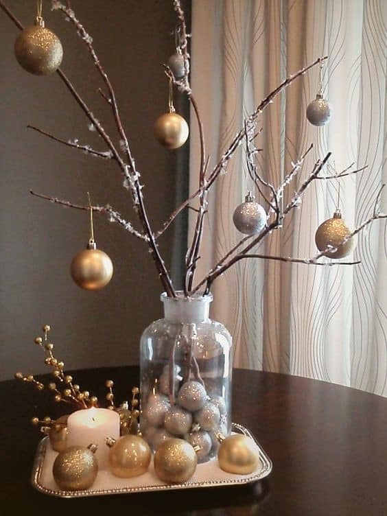 How to make: Easy DIY Christmas Decorations using fallen branches and ornaments. Perfect Christmas or winter decoration, craft, or wedding centerpiece. Great Budget decor ideas for the home. #Christmas #Wedding #MantleDecorIdea #SilverandGold