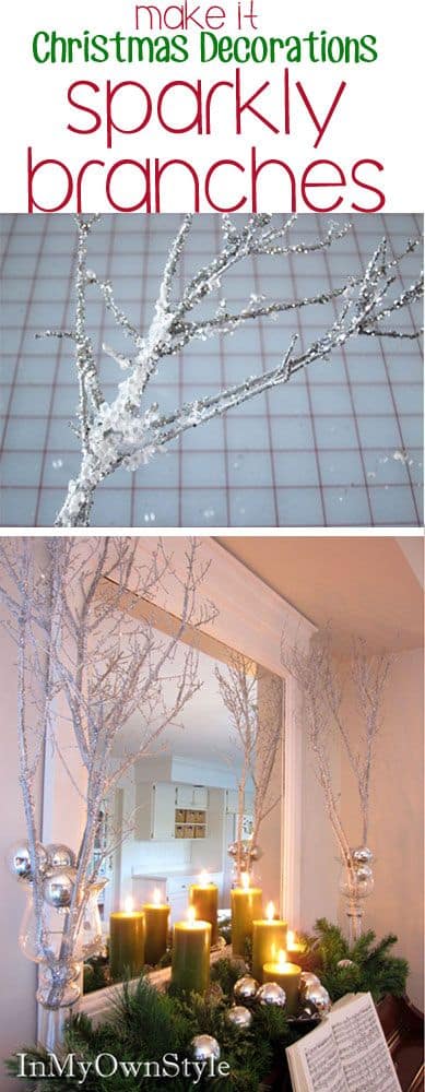 How to make: Easy DIY glitter branches Christmas Decorations using fallen branches. Perfect Christmas or winter decoration, craft, or wedding centerpiece. Great Budget decor ideas for the home. #Christmas #Wedding #MantleDecorIdea