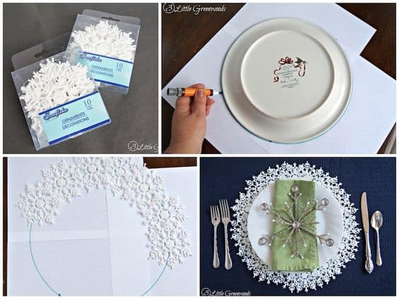 Easy DIY glitter Snowflake charger plate table setting. Simple yet beautiful dollar store Christmas craft idea anyone can make, even kids for a party, wedding, or gift.