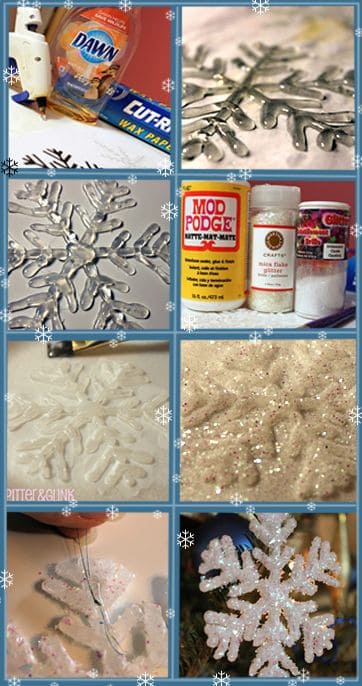 Easy DIY glitter Snowflakes and garland. Simple yet beautiful dollar store craft idea anyone can make, even kids.
