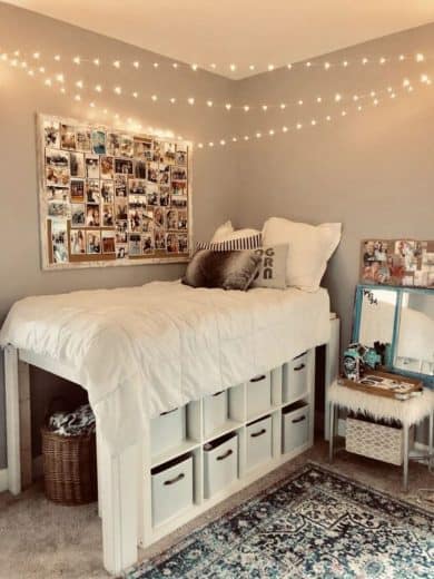 Raised lofted bed, fairy lights, organization, and photo decor ideas. What not to do to your dorm. Dorm room ideas for college. #College #dorm #decorations #cozy