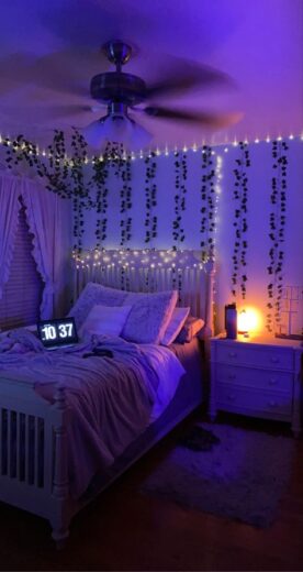 Teen bedroom with Fairy lights colored LEDs and vines