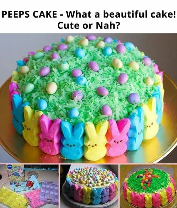 Cake decorated with Peeps and green shredded coconut. Easy DIY Easter Dessert Idea. 