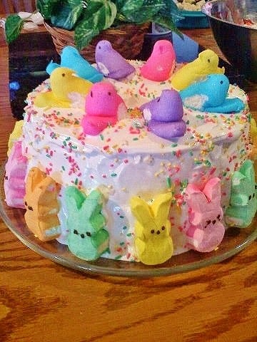 Cake decorated with Kit Kats and candy eggs. Easy DIY Easter Dessert Idea.