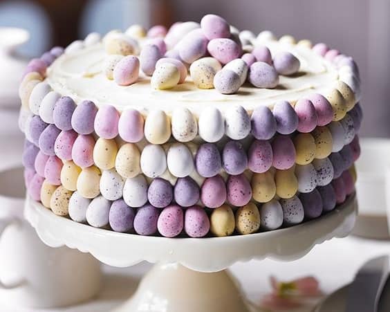 Easy DIY Easter Cake made with pastel candy eggs. Easy Easter cake dessert ideas.