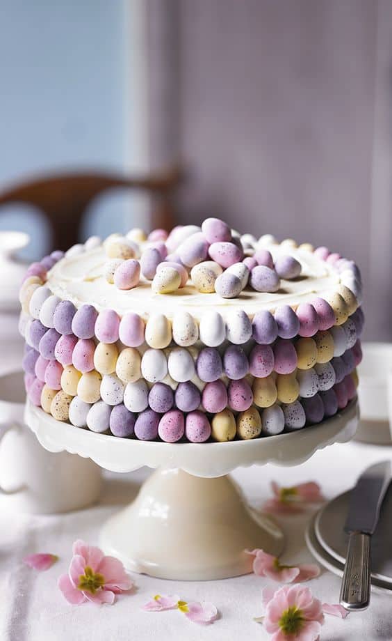 Elegant Cake decorated with candy eggs. Easy DIY Easter Dessert Idea. 