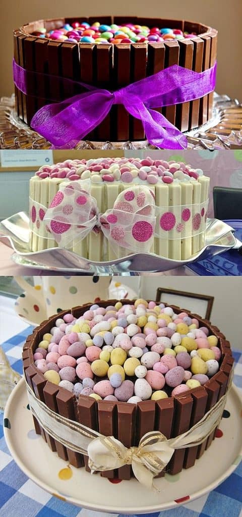 Cake decorated with Kit Kats and candy eggs. Easy DIY Easter Dessert Idea 