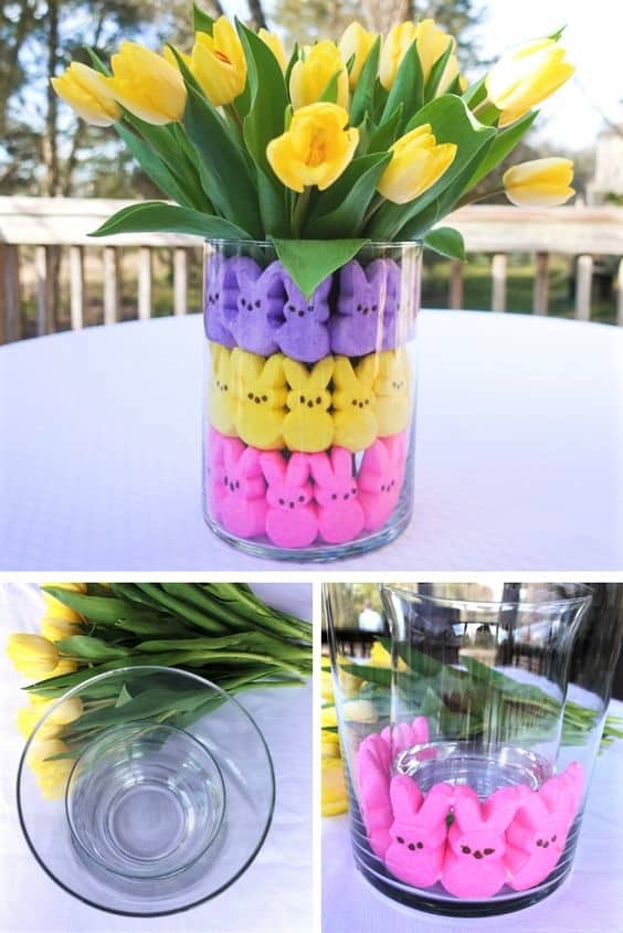 Easy DIY Easter Decoration for kids using dollar store Peeps. The Best Easy DIY Easter Craft Decoration Ideas for a centerpiece.