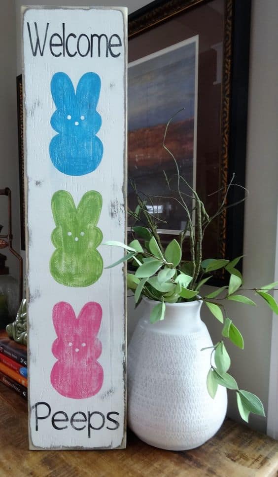 Easter Welcome Peeps Wooden Sign for front door Spring wall Easter decor rustic