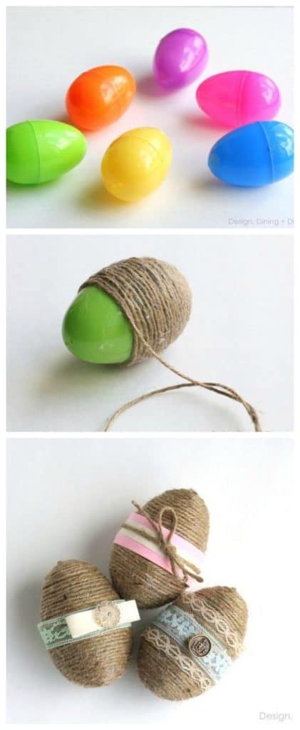 Easy DIY Rustic String Plastic Easter egg craft idea for kids usig dollar store items. The Best Easy DIY Easter Decoration Ideas.