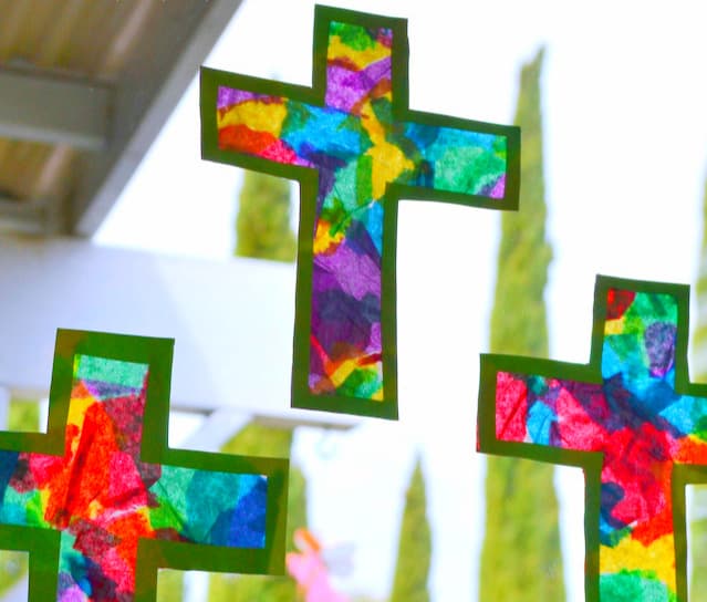 Easy DIY Christian Easter Crafts for kids to make for decorations. Easter Stain Glass Cross crafts.