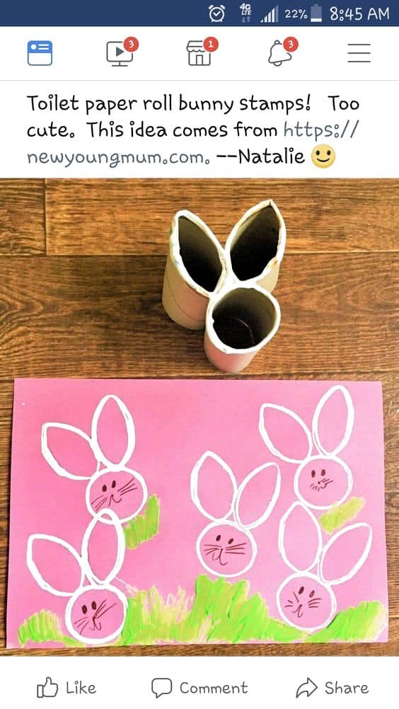 Easy DIY Toilet Paper Roll Bunny Stamp craft idea for kids usig dollar store items. The Best Easy DIY Easter Craft Decoration Ideas.