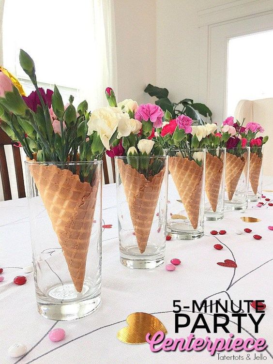Use Water Glasses and waffle cones for vases. Easy DIY Easter Decoration idea for centerpiece using dollar store items. The Best Easy DIY Easter Craft Decoration Ideas for Spring.