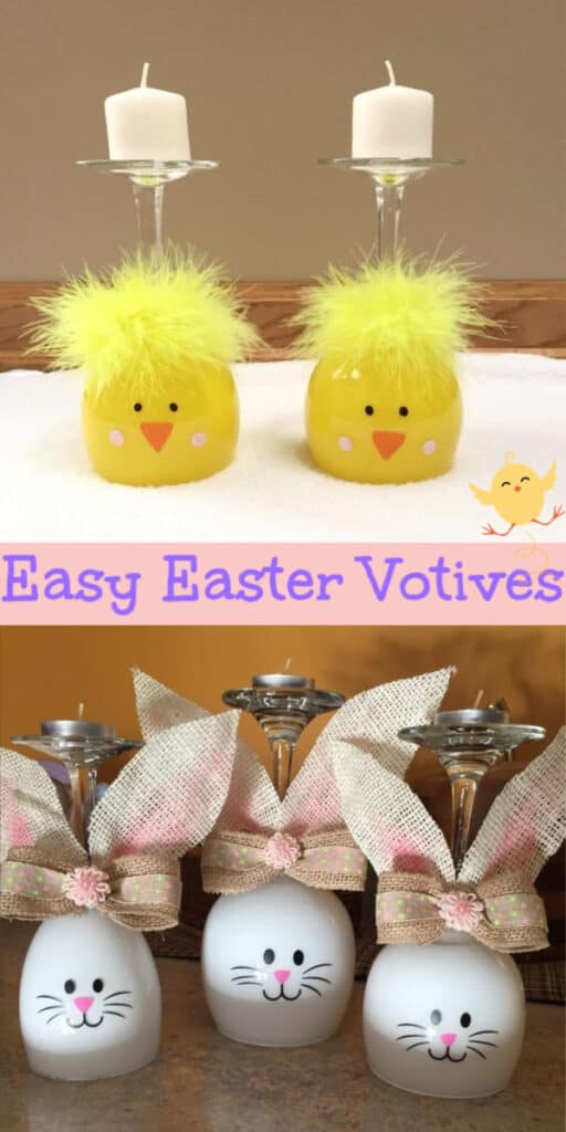 Easy DIY Easter Bunny and Chick wine glass votive centerpiece Easter craft idea. The Best Easy DIY Easter Decoration Ideas.