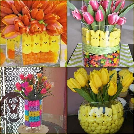 Easy DIY Peeps and Candy Easter Vase Decor Hack using potted plants. Craft idea for kids. The Best Easy DIY Easter Decoration Ideas.