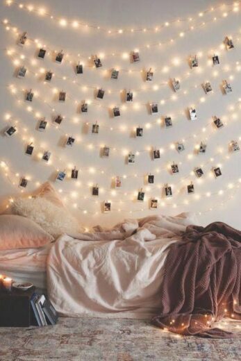 Fairy Lights with photo clips in teen bedroom dorm