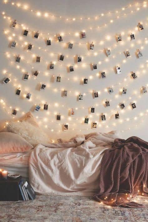 Fairy lights decor with photo clips for bedroom wall