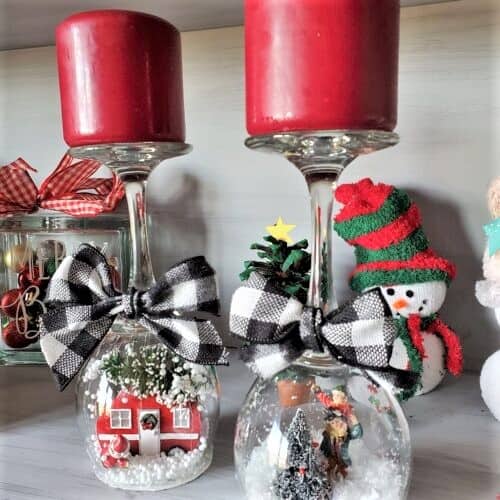 Easy DIY Rustic Farmhouse Glam Christmas - Wine Glass Christmas Snow Globe. Farmhouse Christmas decor ideas and Rustic Christmas decor or gift idea for the home.