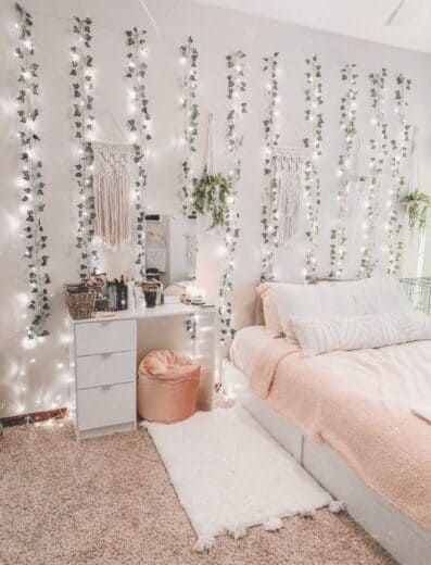 Fairy Lights and faux green ivy garland bedroom or dorm room wall decor idea