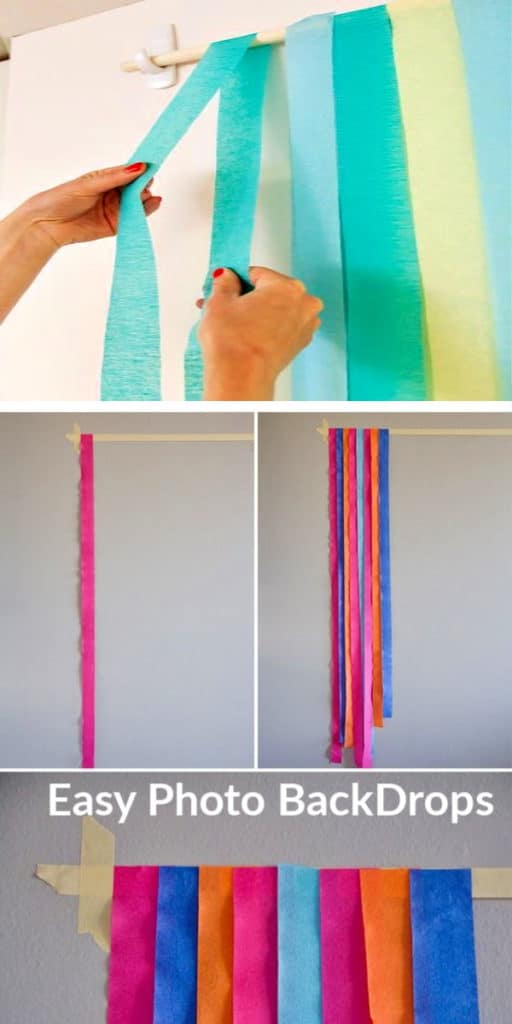 Easy DIY Graduation party decorations and picture ideas. Two cheap and easy methods for making a gorgeous photo backdrop or photo booth using dollar store crepe paper or streamers.