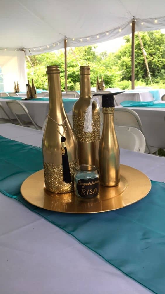 Graduation Party Centerpieces Gold bottles with Jade table