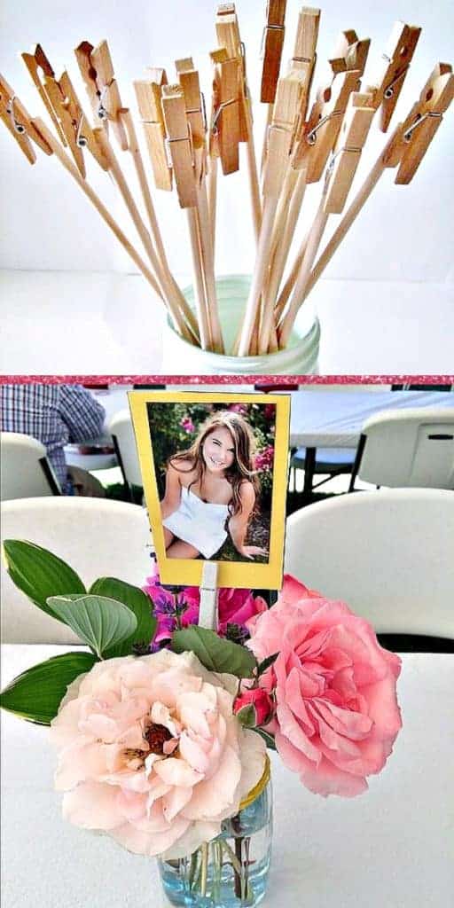 Graduation Party Centerpieces Clothes pin Photo holder in bouquet of roses