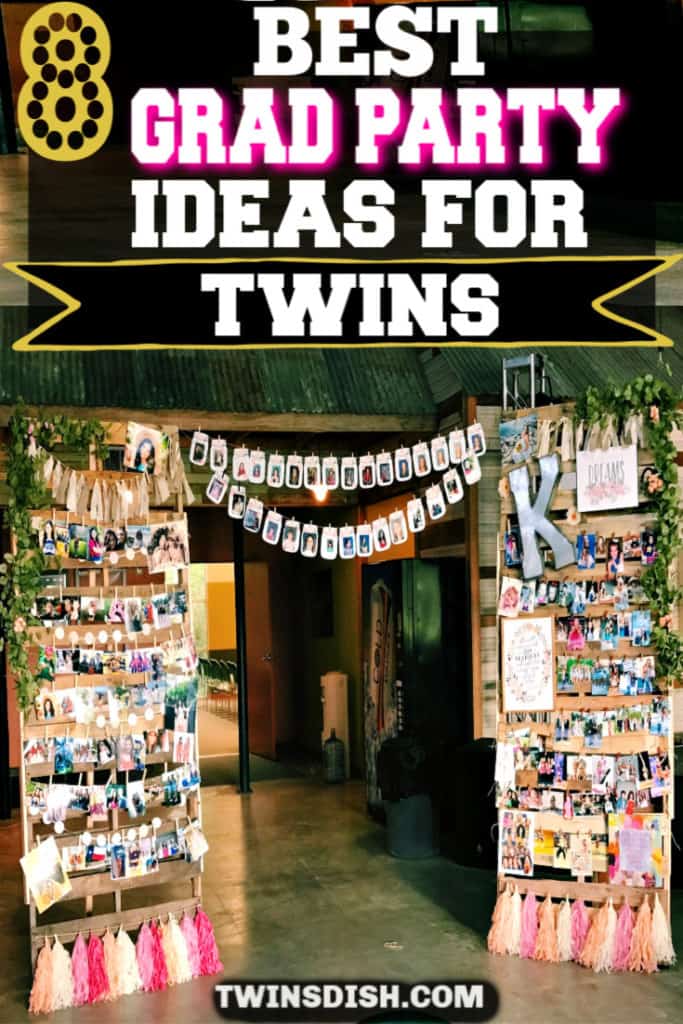 Grad Party Picture Collage Wall Photo display idea. Easy DIY Graduation Party Decoration Ideas using Pictures for Twins