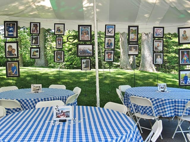 Easy Graduation party hanging picture display idea for outdoor high school and college, boys and girls. Tips and DIY for decorations, pictures, on a budget. #Graduation #GraduationParty #GradParty