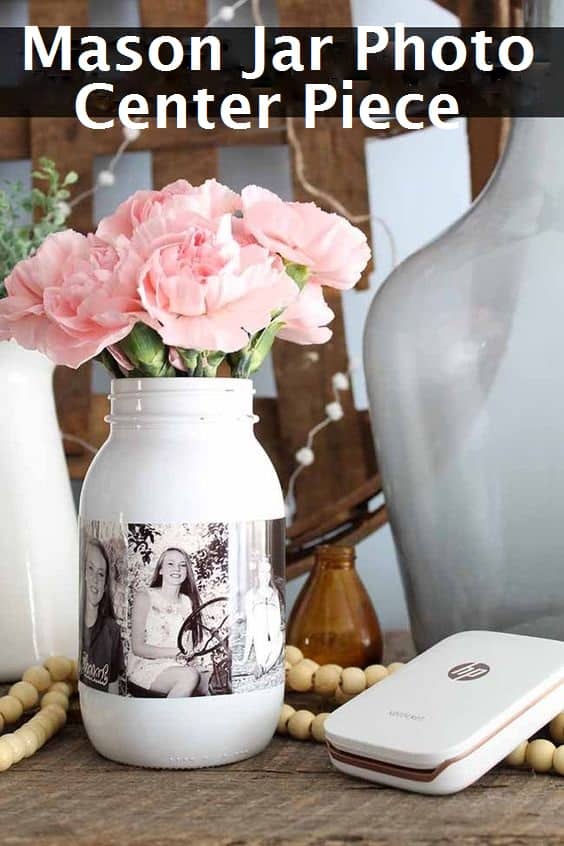 Glue photos to stock paper Easy Mason Jar Photo Vase, a Black and white Graduation Party centerpiece. Easy DIY Graduation Party Decoration Ideas using Pictures.