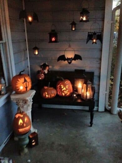 Halloween Porch Decor with Pumpkins and Bats