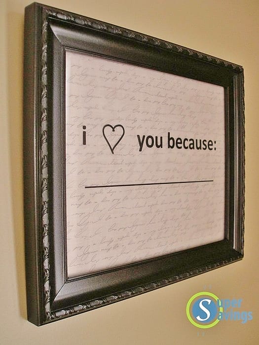 Framed I Love You because... DIY dry erase easy Valentines Day gift. For him, for her, for kids, for friends, last minute gifts, clever gifts Valentines Day crafts/ DIY boyfriend gifts