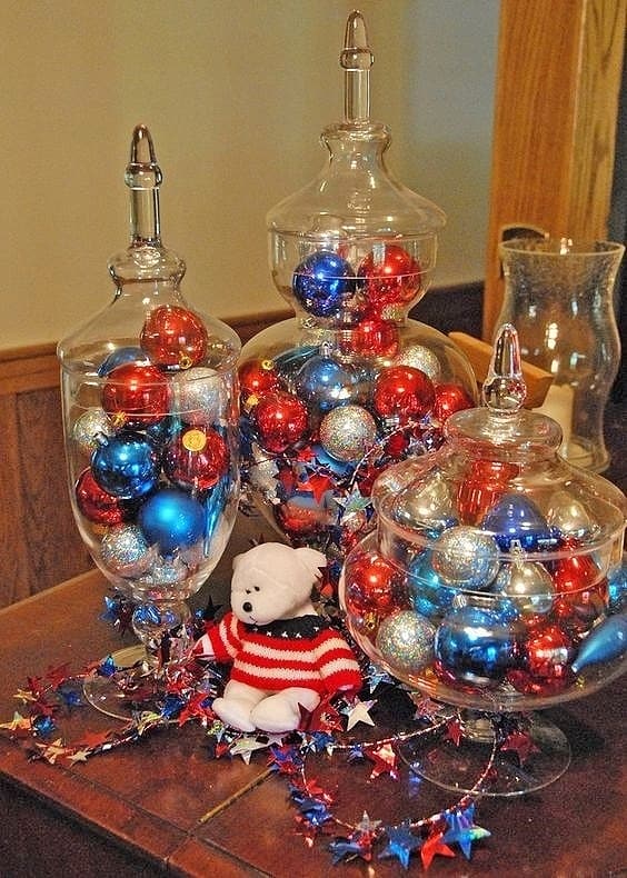 Easy DIY 4th of July party Apothecary Decoration idea using Christmas Ornaments. On a budget idea for a centerpiece or mantel. Easy 4th of July party ideas.