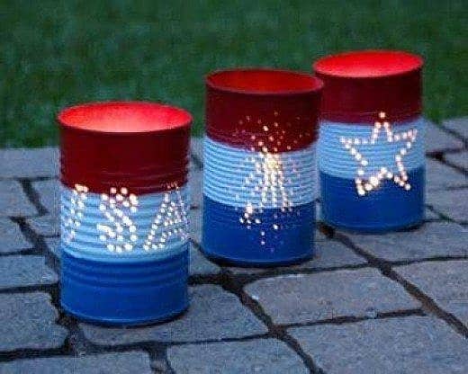 Red, white, and blue votive lighting party decoration idea using cans. Easy 4th of July party ideas.