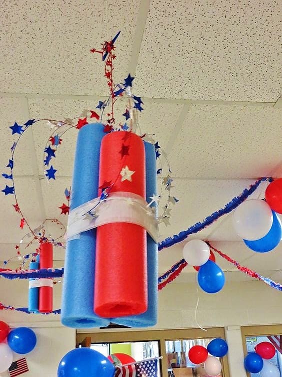 DIY pool noodle firework decoration. Easy DIY 4th of July party ideas on a budget.