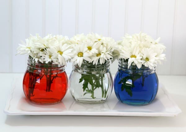 DIY patriotic food coloring in vases decoration. Easy DIY 4th of July party ideas on a budget.