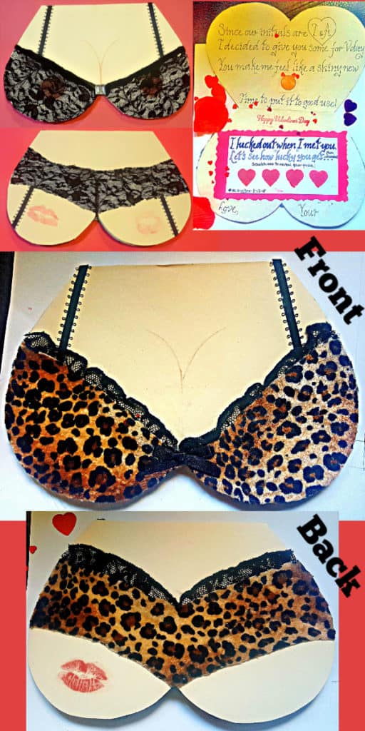 Easy DIY Lingerie Valentine's Day Card for him with DIY lotto scratchers, is better than store bought. Made of old leopard pajamas and lace, perfect for a long distance relationship, Anniversary, or even Birthday.