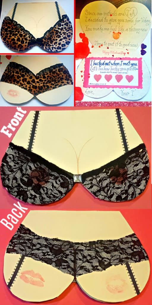 Easy DIY Lingerie Valentine's Day Card for him with DIY lotto scratchers, is better than store bought. Made of old leopard pajamas and lace, perfect for a long distance relationship, Anniversary, or even Birthday.