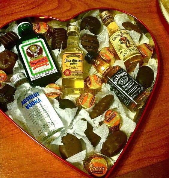 Heart Shaped Valentines Day Box of Chocolates with mini Liquor bottles for him. DIY boyfriend gifts.