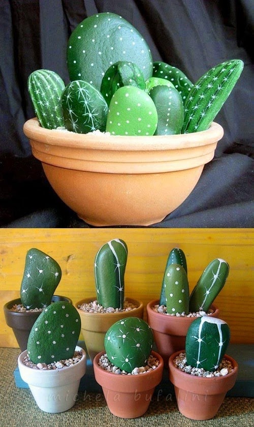 Easy DIY Stone cactus plant Mothers Day crafts kids can make. A great Summer garden gift idea you can do for Mom's, GrandMother, or Grauntie on a budget.