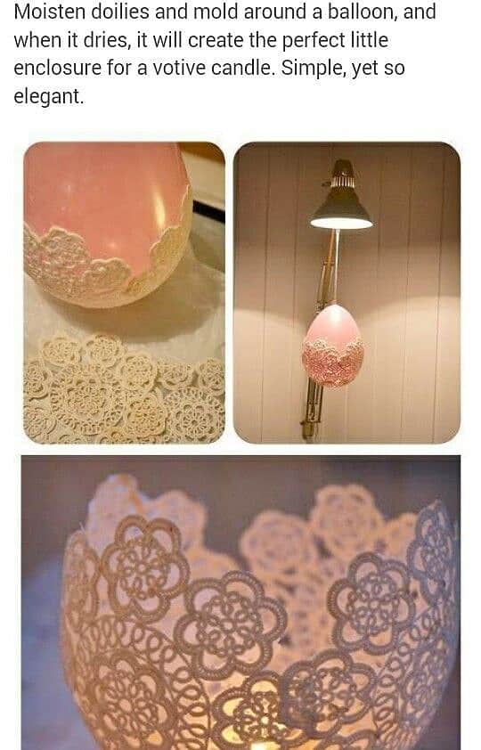 Easy DIY Doily Lace Votive Mothers Day craft kids can make. A great farm house glam Home Decor gift idea you can do for Mom's, GrandMa, or Grauntie on a budget. Even use as Wedding decor.