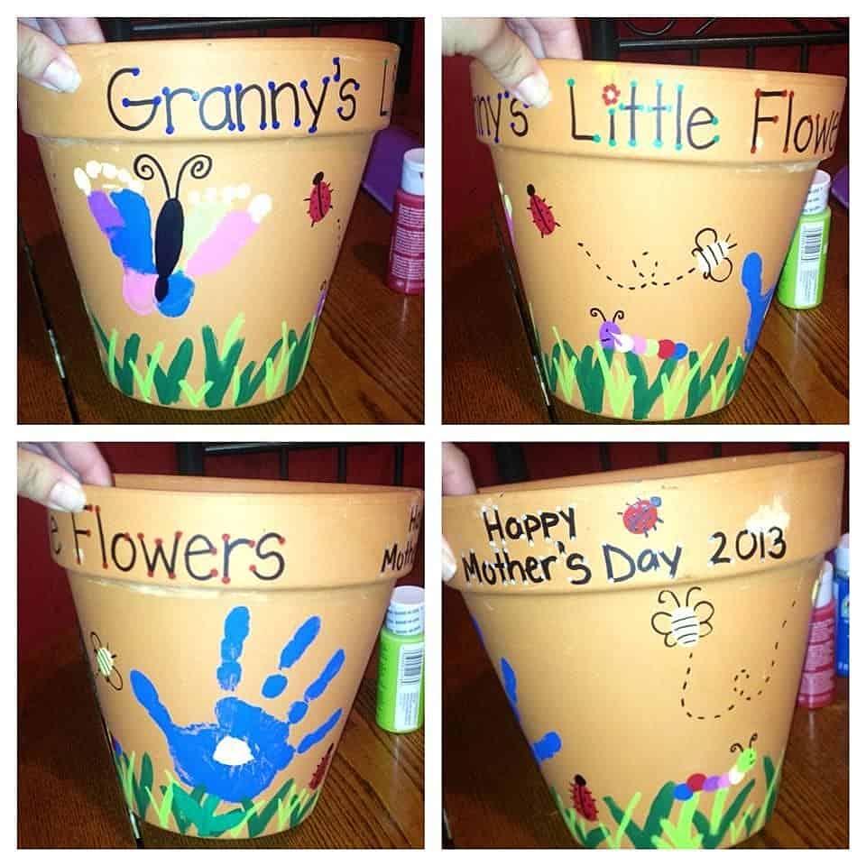 Easy DIY Hand Print Flower Pot Kids can make for Mothers Day. A great last minute gift idea for Mom's, GrandMother, or Grauntie.