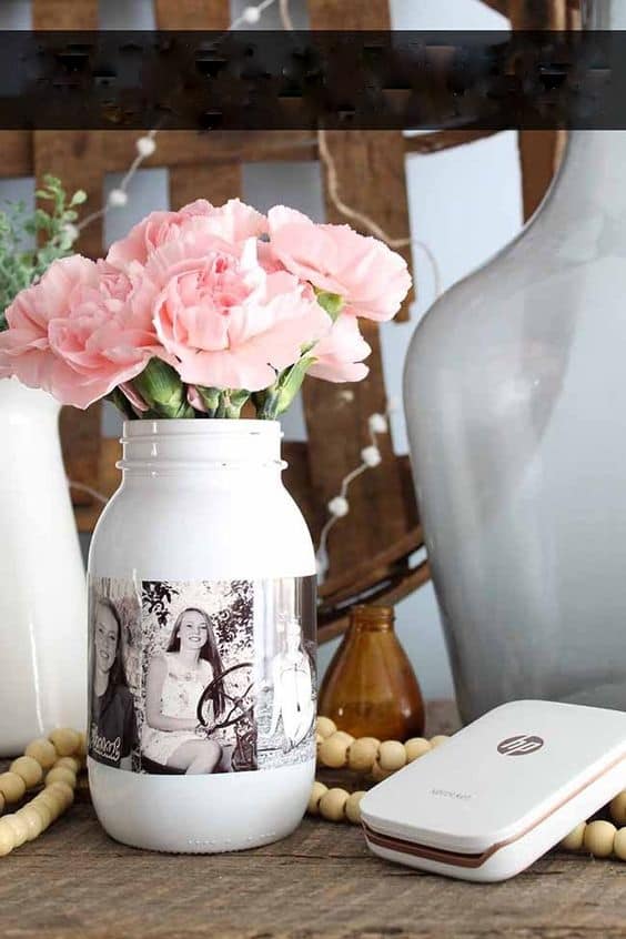 Easy DIY Photo Frame Mason Jar Vase Mothers Day craft kids can make. A great elegant and rustic Home Decor gift idea you can do for Mom's, GrandMother, or Grauntie on a budget., even as a graduation centerpiece.