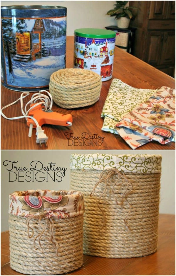 Easy DIY Rustic Rope canister made out of a Christmas tin. Mothers Day craft kids can make. A great rustic farm house Home Decor gift idea you can do for Mom's, GrandMa, or Grauntie on a budget.